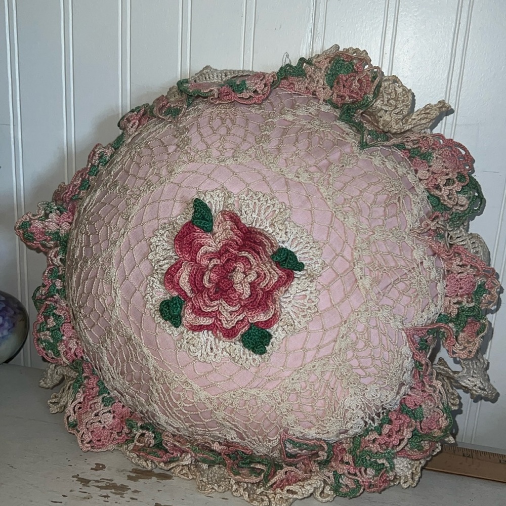 Vintage handmade needlepoint & crocheted throw pillow